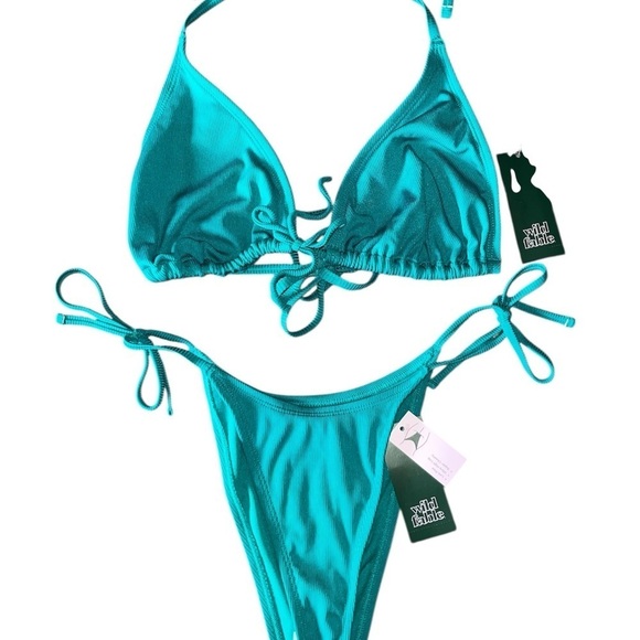 NWT Wild Fable XL / XXS Ribbed Teal Halter Triangle Bikini SET Side Tie Cheeky - Picture 5 of 13